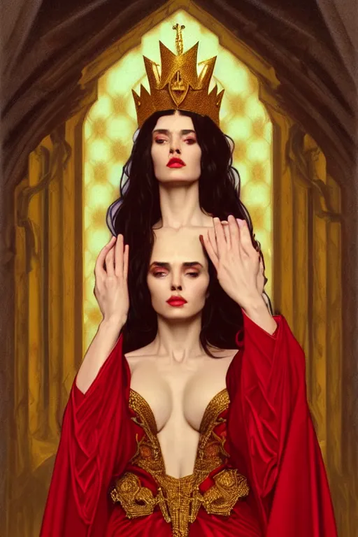 Image similar to Portrait of historically accurate, ancient biblical, sultry, sneering, evil, pagan, wicked, young queen jezebel, wearing gilded red robes, long black hair, intricate, elegant, highly detailed, digital painting, artstation, concept art, smooth, sharp focus, illustration, art by artgerm and greg rutkowski and alphonse mucha and andrei riabovitchev