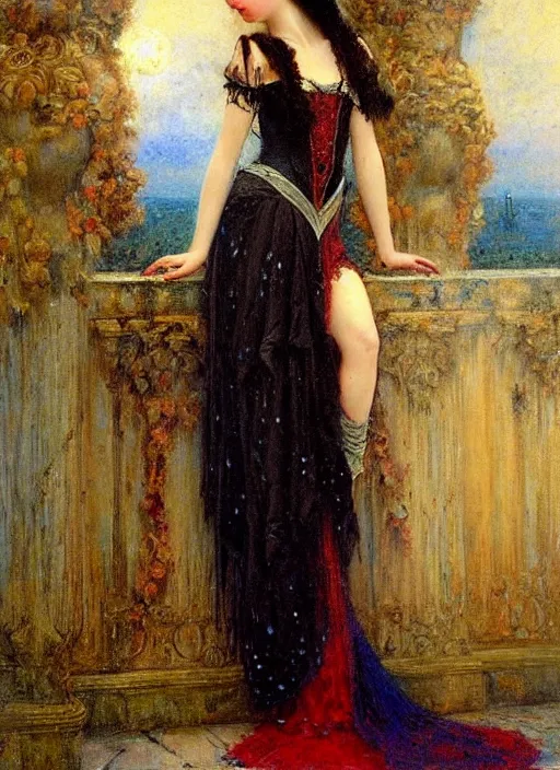 Image similar to vertical prtrait of a gothic princess, baroque dress. by gaston bussiere