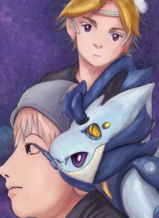 Image similar to An epic fantasy pokemon anime style portrait painting of a young blonde boy thief