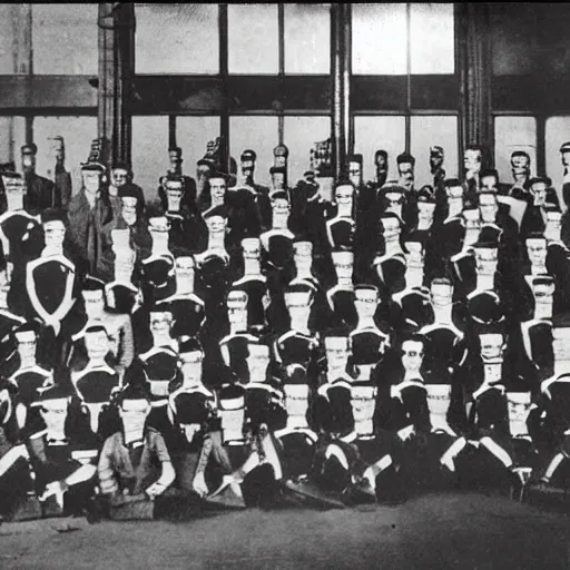 Prompt: grainy 1910s photo of a IT nerd army standing unused inside a warehouse