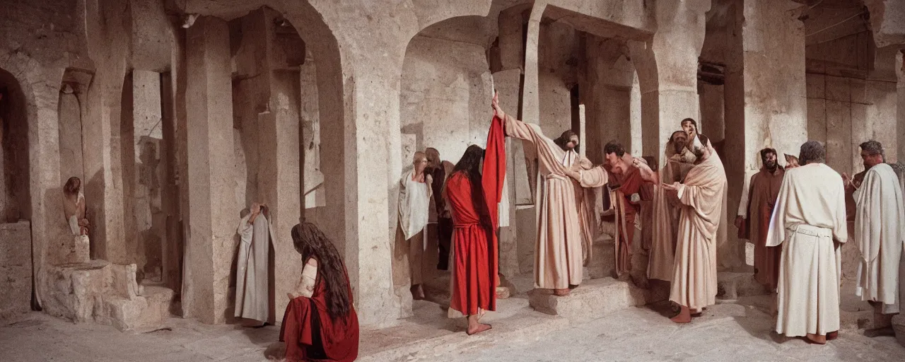Image similar to jesus being taken to the cross wearing a spaghetti robe, ancient rome, architectural, minimal, canon 5 0 mm, wes anderson film, kodachrome, retro