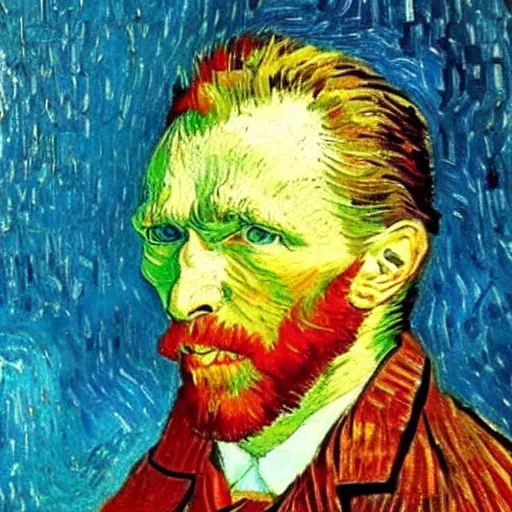 Prompt: self portrait of van gogh, had he lived in the near future, oil painting,