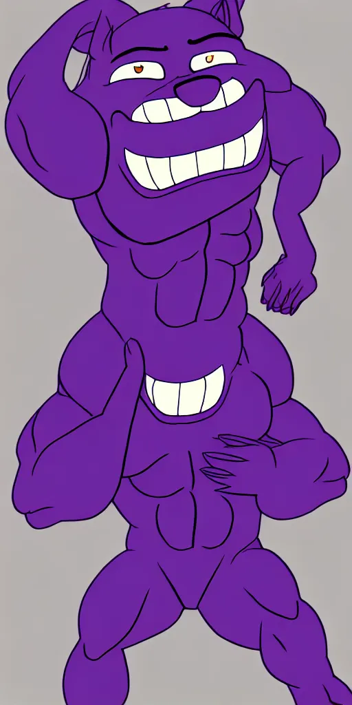 Image similar to painting of an anthropomorphic bulky muscular purple dog, furry style, wearing jeans, deviant art, fursona, professional furry drawing, insanely detailed, bulky dog face, detailed veiny muscles, exaggerated features, beautiful shading, huge white teeth, grinning, standing in a street, flexing and posing, full body, wearing ragged jeans