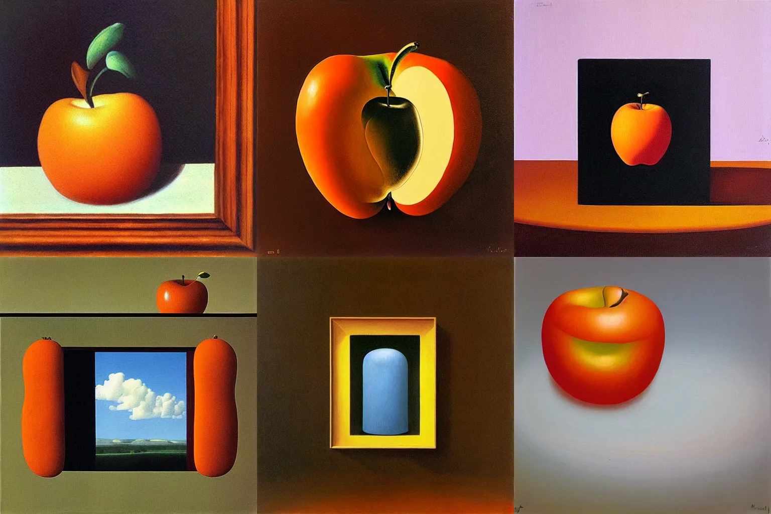 Prompt: “painting by Magritte of apple, orange, and mirror”