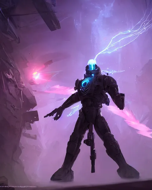 Image similar to Sci-Fi Lightning Elemental, diffuse, blurry, art by Kashin, Wadim, Martinière, Stephan, Anton Fadeev, holding rifle, pitch black cursed evil Spaceship hallway, dark light, soft purple glow, heroic pose, sci-fi artwork, octane render, dead space artwork, cyberpunk, vivid colors, occult, magical, volumetric lighting, 8k high definition, highly detailed, trending on art Station, centered, by Greg Rutkovski, sci-fi artwork, arnold render