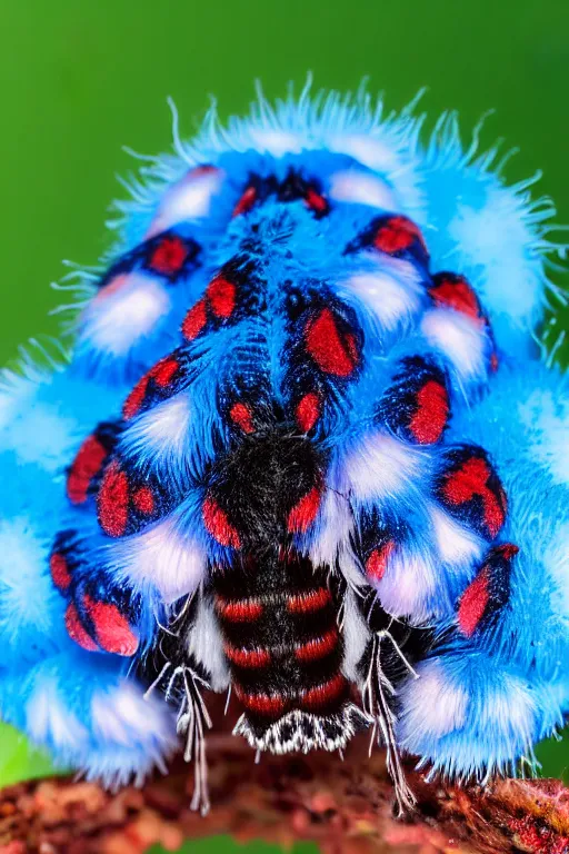 Prompt: high quality macro photo cute puss moth caterpillar! highly detailed hannah yata elson peter cinematic blue lighting high quality low angle hd 8 k sharp shallow depth of field