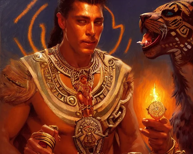 Image similar to attractive male aztec deity, casting aztec magic, summoning handsome panther night star. highly detailed painting by gaston bussiere, craig mullins, j. c. leyendecker 8 k