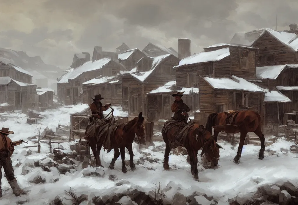 Image similar to greg manchess painting of a wild west abandoned town landscape in winter with no person nor horse in the painting only buildings in the year 1 8 5 0, nobody living there, snow storm, grey sky, painting, trending on artstation, by huang guangjian and gil elvgren and sachin teng