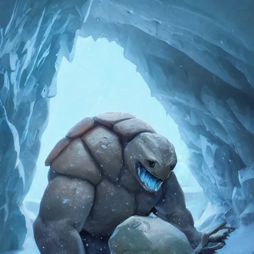 Image similar to bulky anthropomorphic turtle brute by greg rutkowski, winter, ice cave