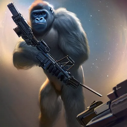 Image similar to detailed science - fiction character portrait of a silverback gorilla shooting a alien gun in space, intricate, wild, highly detailed, digital painting, artstation, concept art, smooth, sharp focus, illustration, art by artgerm and greg rutkowski and alphonse mucha