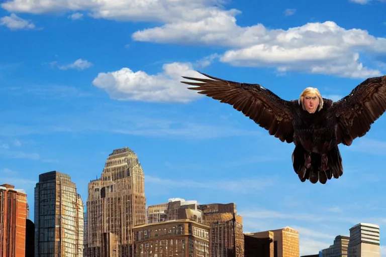 Image similar to giant eagle, alec baldwin flying, blue sky, photo