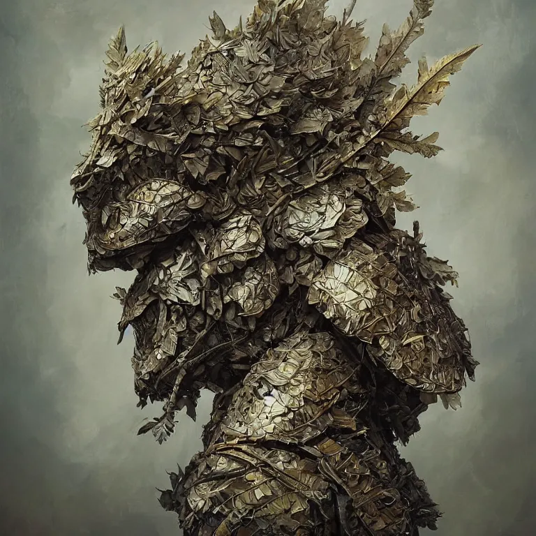 Image similar to dusted tintype portrait of realistic armour made of leaves, seen from behind dramatic light, dystopian environment, intricate, elegant, highly detailed, centered headdress, artstation, sharp focus, artgerm, tomasz alen kopera, peter mohrbacher, donato giancola, joseph christian leyendecker, wlop, boris vallejo, frank frazetta