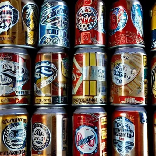 Image similar to a multilevel display of beer cans with cool trendy logos