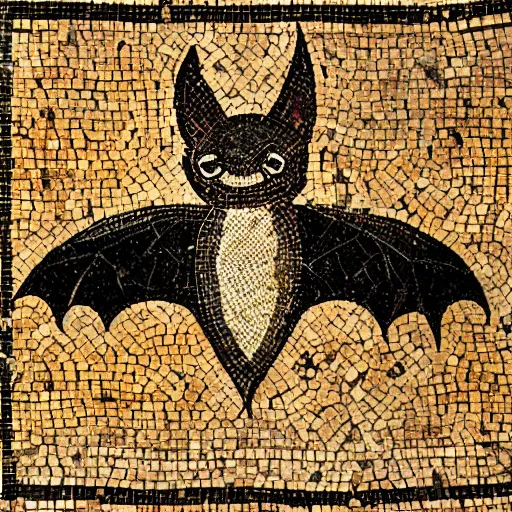 Prompt: medium shot Mosaic depicting a cute realistic pet bat looking left, from Italica, AD 176-275. Archaeological Museum, Seville. Byzantine mosaics, highly detailed, HQ, HD, beautiful, National Geographic,