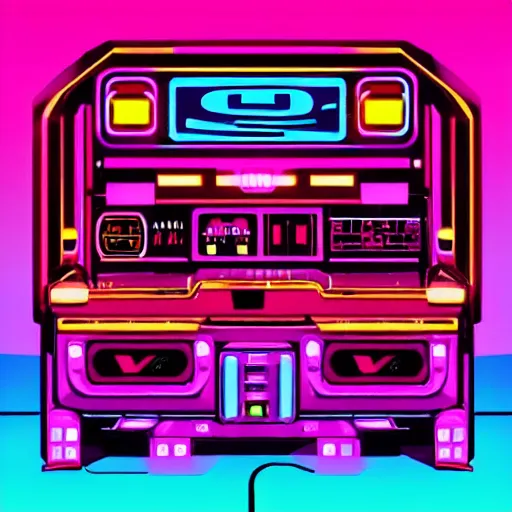 Image similar to retro synthesizers, high tempo, electronic, arcade. outrun will transport you to the 8 0's vision of gridlines, magenta neon, vhs tracking artifacts and speeding deloreans.