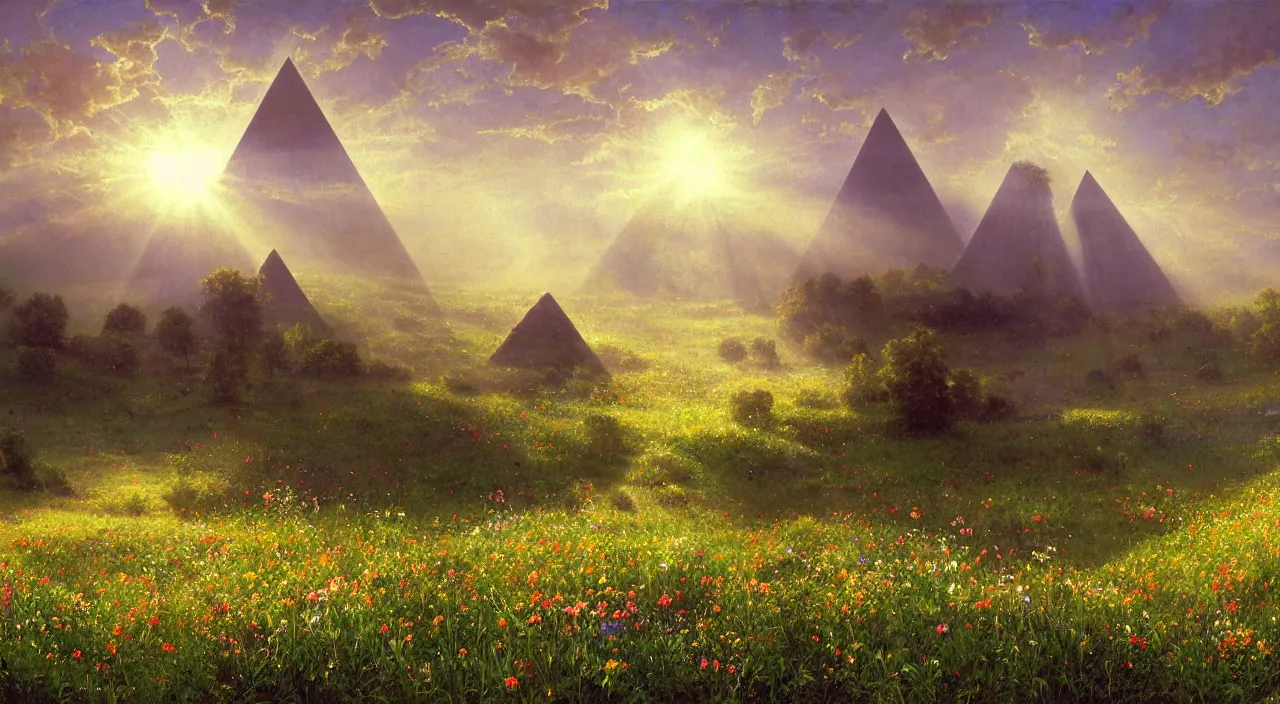 Image similar to rhythmic interval tectonic surfaces as resonant waves of harmonic organic mystical megastructure crystal lattice pyramid architectures exploding with light and god rays in a meadow full of wildflowers by albert bierstadt, by glen small, photorealistic, god rays, octane, depth of field, bladerunner