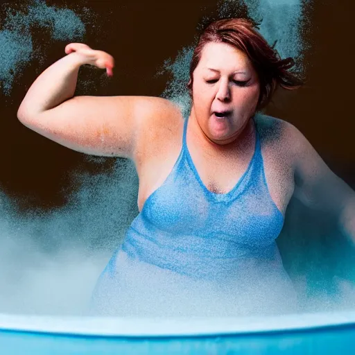 Image similar to photo of a woman emerging an endless pool of gravy in a blue fog. Motion blur.