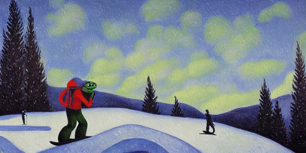 Image similar to pepe the frog snowboarding, gloomy landscape, expressive oil painting by christopher radlund and camille pissaro