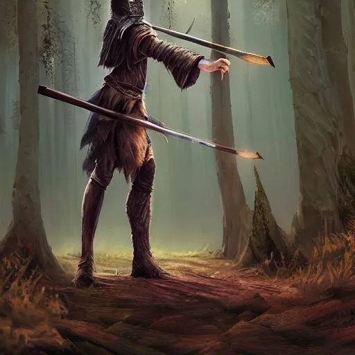 Prompt: high quality matte painting, grim fantasy witchy art, a woodland knight made of wood holding a giant club, in a dark forest, digital art, high quality render, artstation, 8 k, photograph quality, ultrahd, in the style of dungeons and dragons
