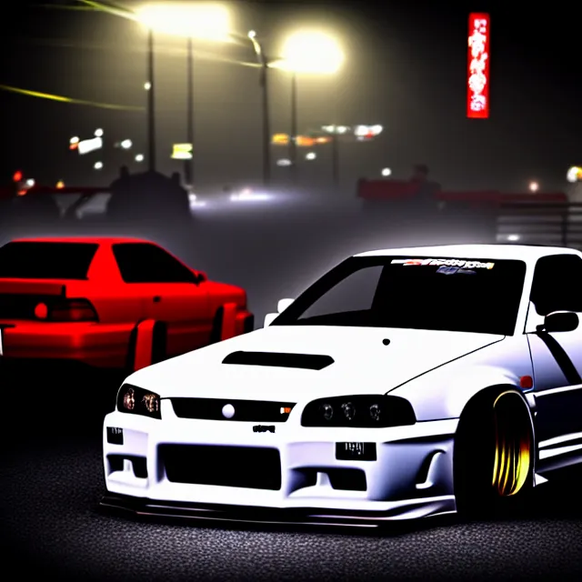 Prompt: a car R34 twin turbo drift at illegal car meet, Kanagawa prefecture, city midnight mist lights, cinematic lighting, photorealistic, highly detailed wheels, high detail