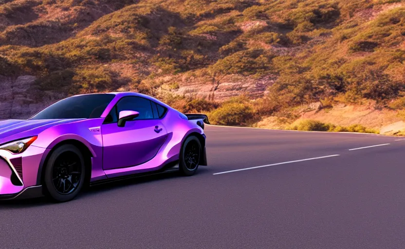 Prompt: Midnight purple 2 2022 Toyota gr86 with a widebody kit on a canyon drive at sunset overlooking the ocean, photorealistic render, 16k, trending on artstation, center focus, rule of thirds, octane render, volumetric lighting