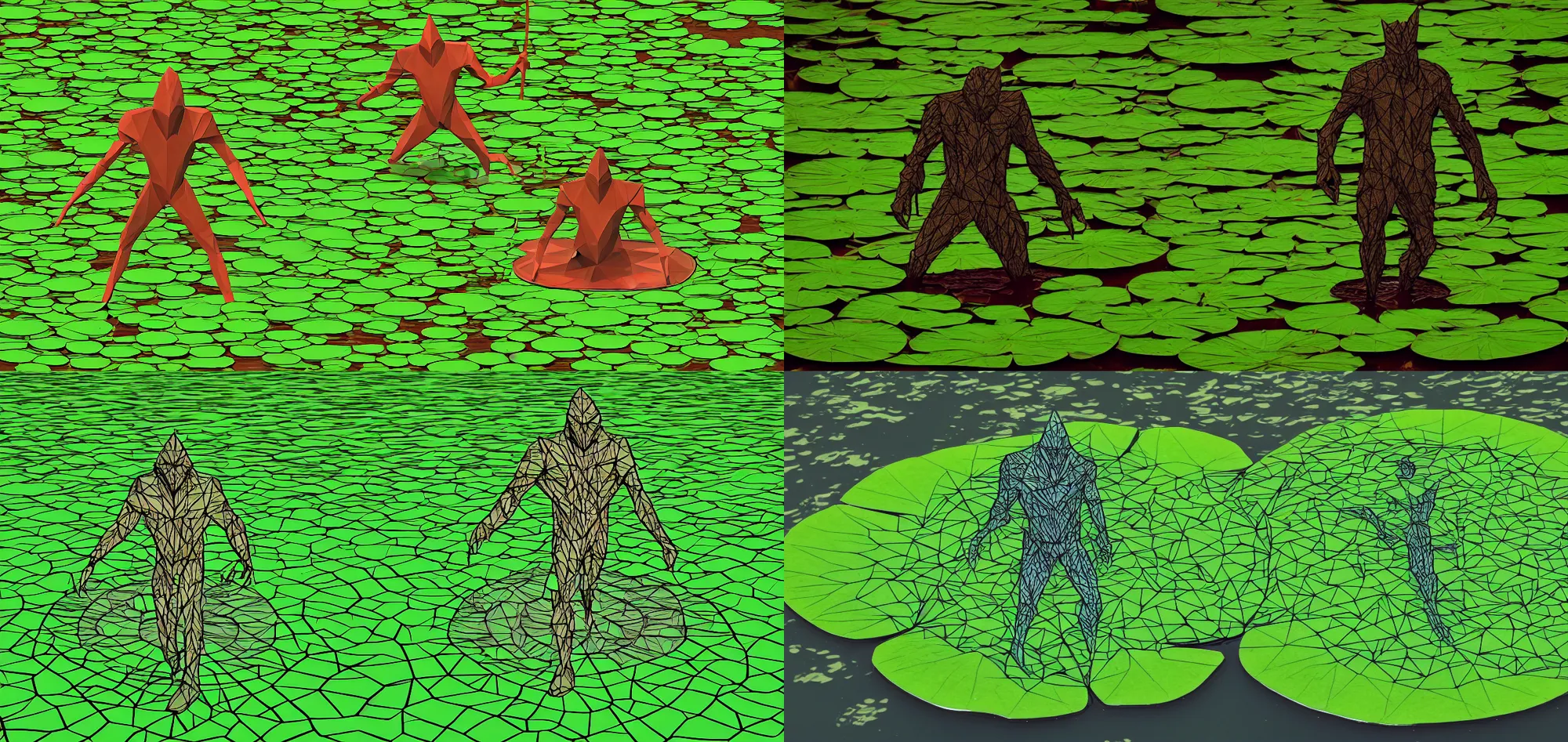 Prompt: geometric polygonal Swamp thing on a lily pad in a pond