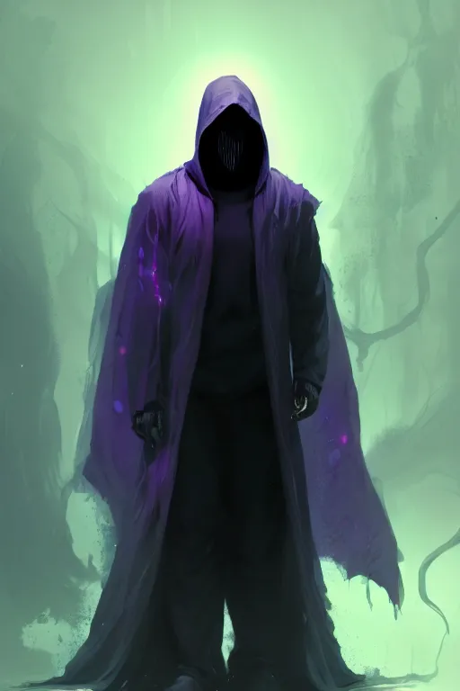 Prompt: A full body portrait of a mysterious character (male) with no face with a very long hooded dark purple cloak tentacles coming out the ground art by Maciej Kuciara and Jason Chan, ominous, cosmic horror, trending on artstation, detailed, realistic 4k