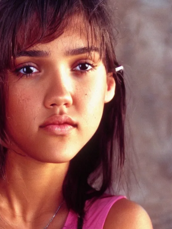 Image similar to hyperdetailed close shot of young jessica alba, with pink tank top with a logo, fine - face, pretty face
