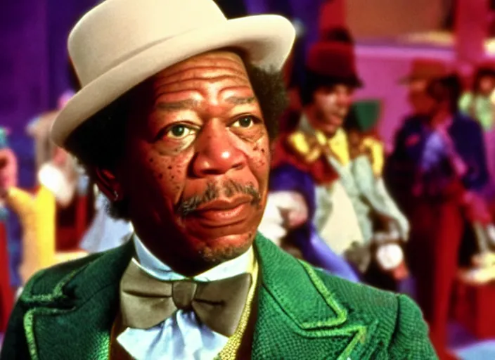 Image similar to a film still of Morgan Freeman as Willy Wonka in Willy Wonka and the Chocolate Factory 1971