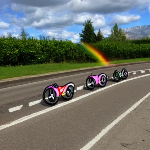 Image similar to cats cycling on the mariocart rainbow track