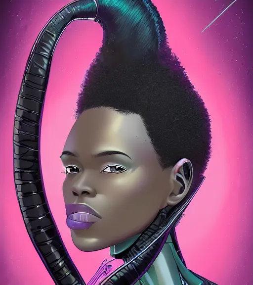 Prompt: a digital painting of a black female android with futuristic hair, side portrait, a comic book panel by Craig Thompson, behance contest winner, afrofuturism, marvel comics, official art, artstation hq