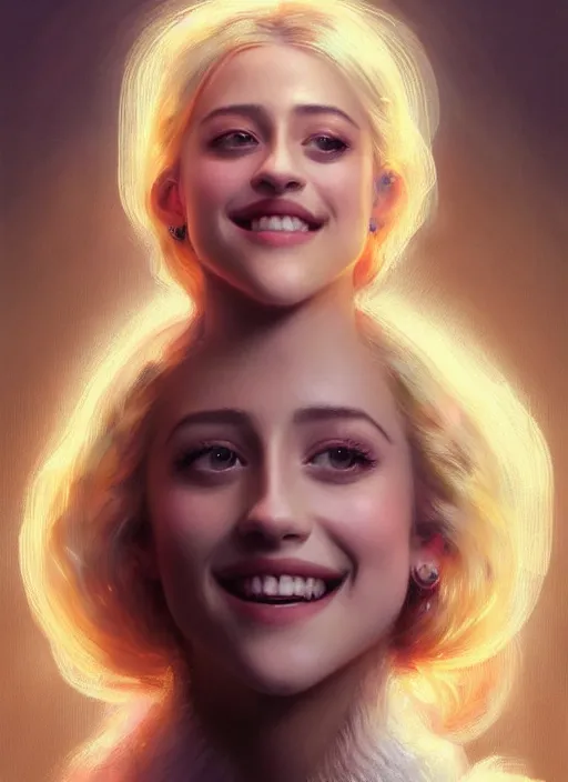 Image similar to portrait of lili reinhart with fluffy bangs, smiling kindly, bangs, 1 9 6 0 s, ponytail, fluffy bangs and ponytail, intricate, elegant, glowing lights, highly detailed, digital painting, artstation, concept art, smooth, sharp focus, illustration, art by wlop, mars ravelo and greg rutkowski