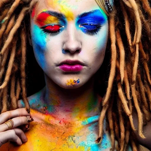 Image similar to astonishingly beautiful woman in tattered clothes revealing body, blonde dreadlocks, make up, vivid colors