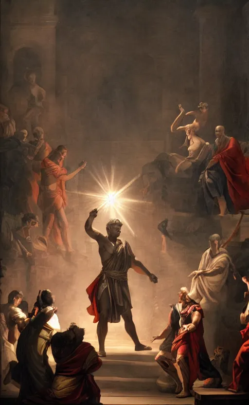 Prompt: Julius Caesar casting an electricity spell. Digital art trending on artstation. 4k. Tyndall effect.