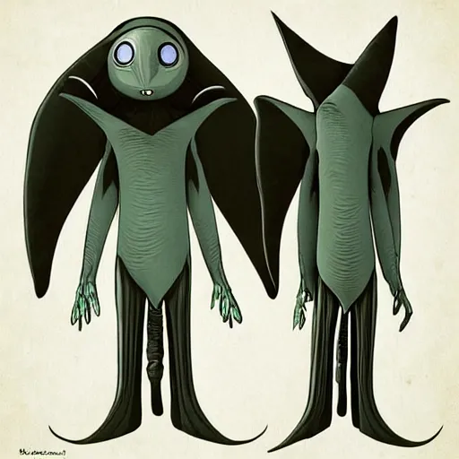 Image similar to design for a stop motion character with a manta ray head and arms attached by the back like a large blanket, alien, mutant, peaceful, art by tim shafer from his work on psychonauts by double fine, in collaboration with tim burton