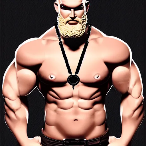 Image similar to TechnoViking male with no shirt, large muscles, bald head, dirty-blonde extended goatee, necklace chibi as a Funko Pop