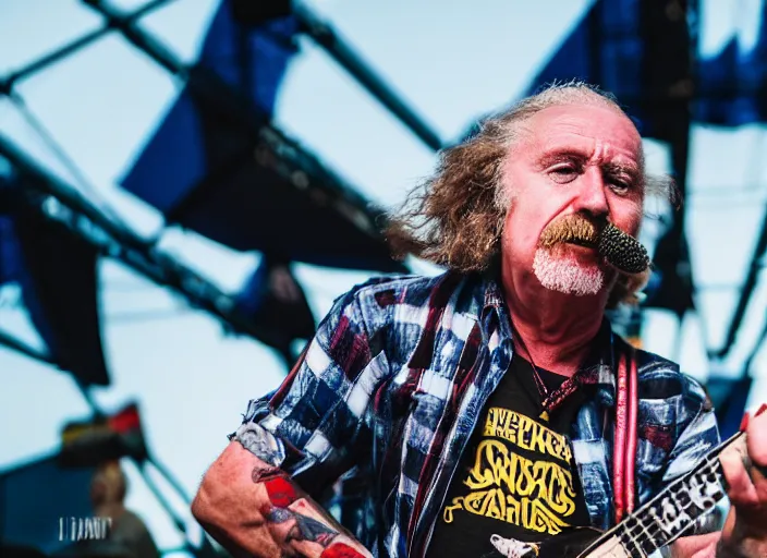 Image similar to photo still of gallagher at vans warped tour!!!!!!!! at age 6 3 years old 6 3 years of age!!!!!!! throwing bees at a crowd, 8 k, 8 5 mm f 1. 8, studio lighting, rim light, right side key light