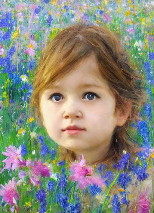 Prompt: a cute little girl with short light brown curly hair and blue eyes standing in a field of colorful wildflowers. detailed face. beautiful painting by ruan jia