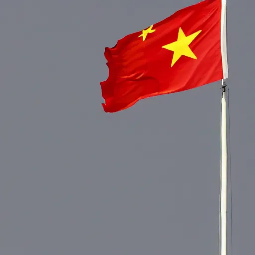 Image similar to a flag that is the combination of the Chinese and Saudi Arabian flags, flapping in the wind above a building