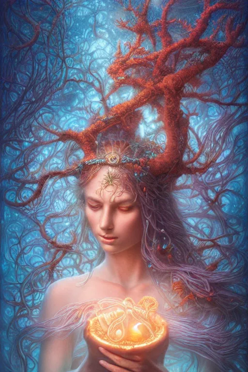 Image similar to a stunning ultra detailed underwater fantasy illustration of a goddess holding a glowing lamp, overgrown with colorful coral, by tomasz alen kopera and tom bagshaw, water bubbles, very detailed, deep depth of field, 5 0 mm lens, soft lighting, artstation, highly coherent, 8 k