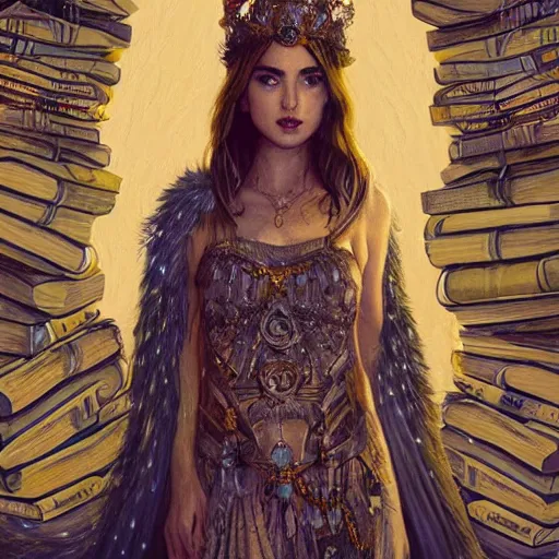 Image similar to a portrait of ana de armas as the goddess minerva, surrounded by stacks of books, bioluminescent gown with deep level of detail of esoteric symbols, urban motifs, intricate, elegant, highly detailed, digital painting, trending on artstation, concept art, smooth sharp focus, illustration, art by artgerm and greg rutkowski