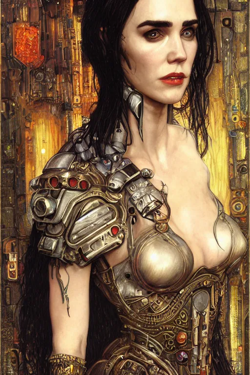 Prompt: portrait of beautiful gothic Jennifer Connelly, cyberpunk, Warhammer, highly detailed, artstation, illustration, art by Gustav Klimt