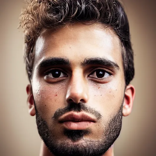 Prompt: the diamond shaped face of a lightly tanned, young and handsome man is looking directly at the camera. He has short blonde curly hair, aquiline nose, full black beard, thick full lips, dark green eyes, freckles. Portrait photography in the style of annie leibovitz, 8k portrait photograph.