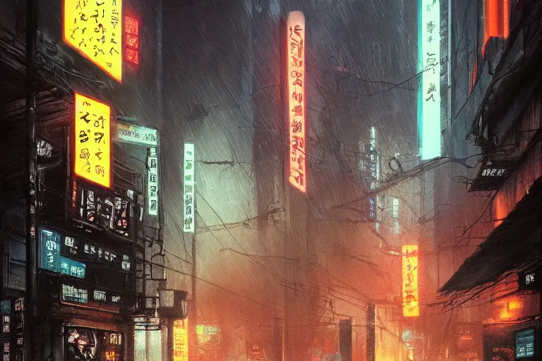 Prompt: a dystopian cyberpunk painting of a rain soaked back street in osaka at dusk, neon lights, dark figures walking, digital art, trending on artstation, horror, dark university aesthetic, by studio ghibli and greg rutkowski. zdzisław beksinski!!!!! spirited away. trending on artstation, hyperrealism, unreal engine