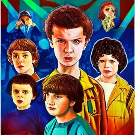 Image similar to stranger things characters pained in a post impressionist style