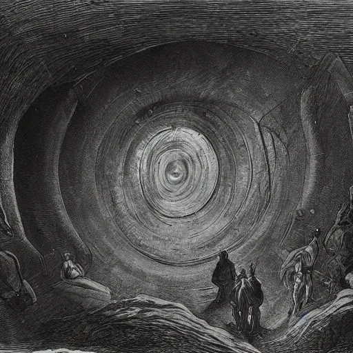 Image similar to Concept art etching of a swirling vortex in a tunnel dark mineshaft by Gustav Doré in Dante's Inferno esophagus -C 12