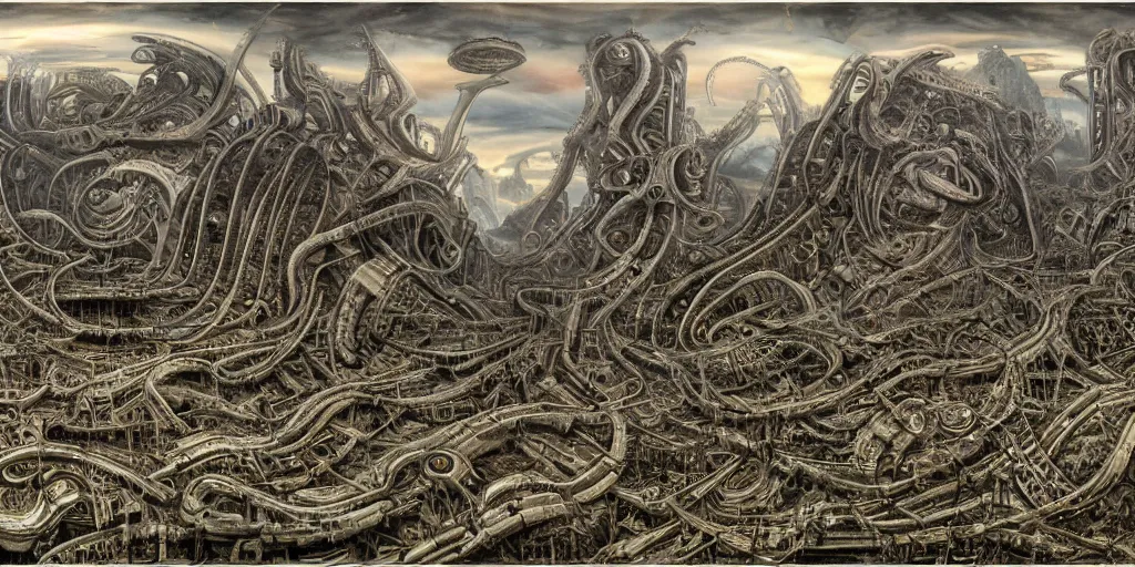 Image similar to equirectangular matte painting of a biomechanical landscape by hr giger