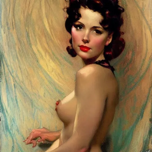 Image similar to portrait of a beautiful woman, intricate, elegant, highly detailed, greg manchess, mucha, gil elvgren