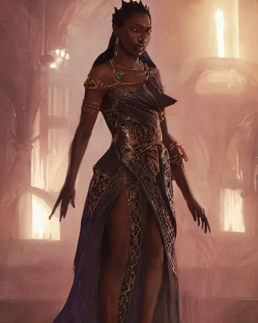 Prompt: Elegant dark skinned queen wearing a brocade dress| high fantasy | d&d | dragon age | jeff easley, greg rutkowski, pino daeni | volumetric lights | in throne room |