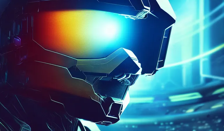 Image similar to cyberpunk halo helmet on space, planet behind, close shot, reflection, epic, dramatic, cinematic, award winning, ultra detailed, realistic, 8k,